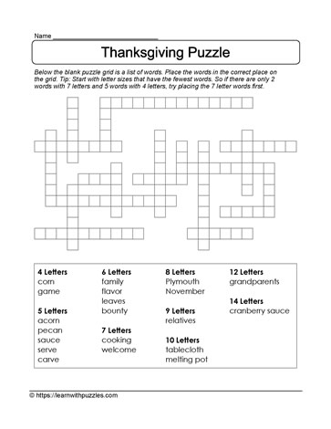 Thanksgiving Fill Blanks Puzzle Learn With Puzzles